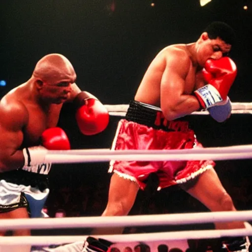 Prompt: Mike Tyson in the boxing Ring with popstar Michael Jackson at Madison square garden 1990