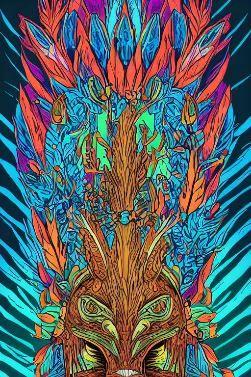 Image similar to animal mask totem roots flower tribal feather gemstone plant wood rock shaman vodoo video game vector cutout illustration vivid multicolor borderlands comics by josan gonzales and dan mumford radiating a glowing aura