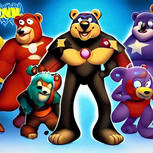 Prompt: gambling bear cartoon network by disney channel, dc and marvel with style od blizzard