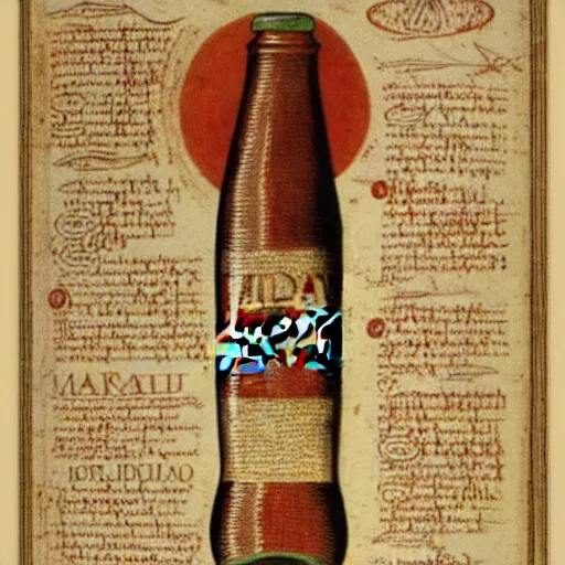 Prompt: “Illustrated diagram of a glass Coca-cola bottle on parchment by Leonardo da Vinci, hyper realistic, high details, infographic, marginalia, illuminations”