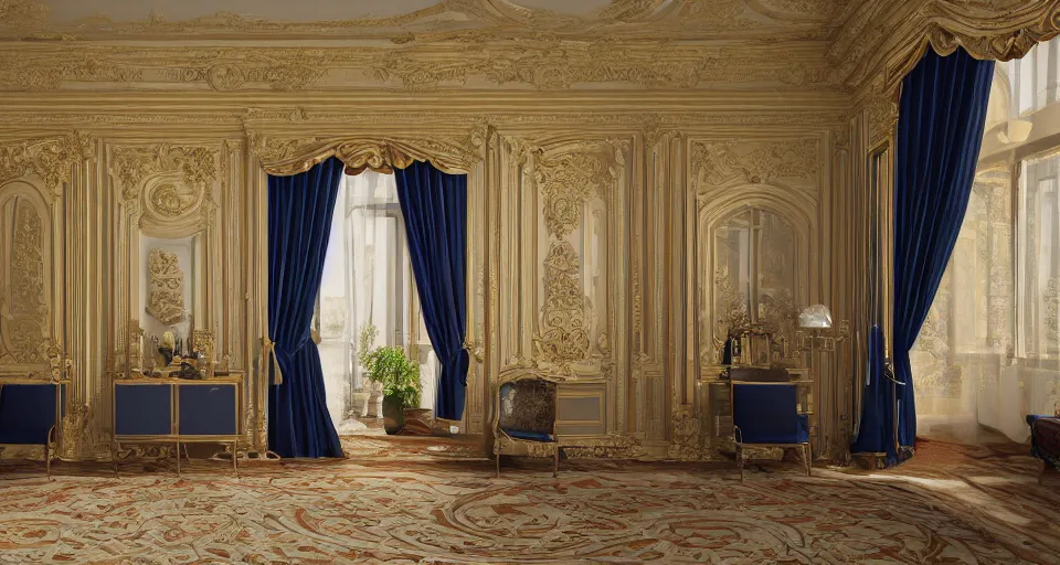 Image similar to view into an ornate baroque room with navy blue damask walls and mahogany floor, windows looking out at neatly manicured lawn and hedges, 8 k, octane render