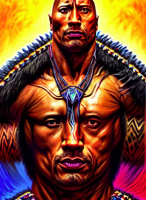 Image similar to portrait of dwayne johnson, hyper detailed ultra sharp aztec shaman warrior. trending on artstation, warpaint aesthetic, bloodwave, colorful, psychedelic, ornate, intricate, digital painting, concept art, smooth, sharp focus, illustration, art by artgerm and greg rutkowski and h. r. giger, 8 k