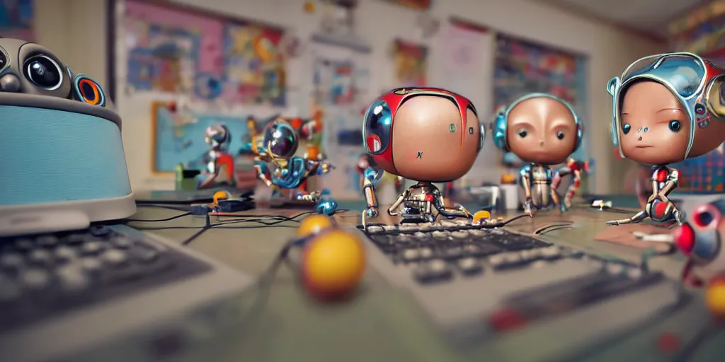 Prompt: closeup portrait of tin toy retro robots team taking computer lessons in a high tech classroom, depth of field, zeiss lens, detailed, centered, fashion photoshoot, by nicoletta ceccoli, mark ryden, lostfish, breathtaking, 8 k resolution, extremely detailed, beautiful, establishing shot, artistic, hyperrealistic, octane render