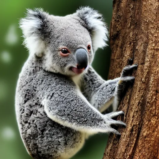 Image similar to award winning nature photograph of a koala. it has a friendly smile. it has whiskers and claws. extreme detail, beard hyperrealistic photo, smooth, trending on artstation