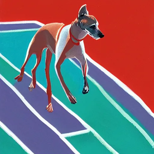 Image similar to close-up of a whippet running at beach, painting by david hockney, highly detailed