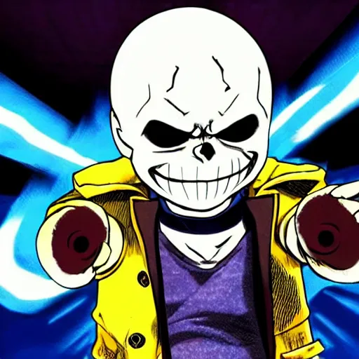 Prompt: Sans from undertale drawn in Jojo's Bizarre Adventure doing a jojo pose