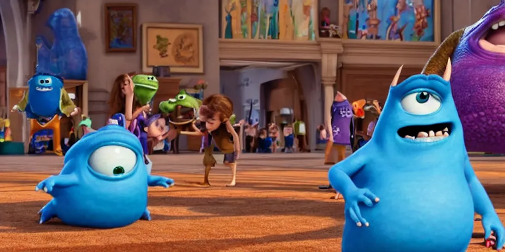 Prompt: giant slug attacking students in spacious laboratory, monster university, monsters university 2 0 1 3