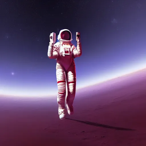 Image similar to A wide angle shot from below of a female astronaut with a feminine body walking with swagger towards camera on mars in an infinite universe , synthwave digital art