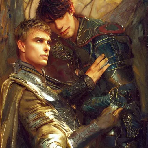 Image similar to attractive male arthur pendragon confesses his love to attractive male merlin. highly detailed painting by gaston bussiere, craig mullins, j. c. leyendecker 8 k