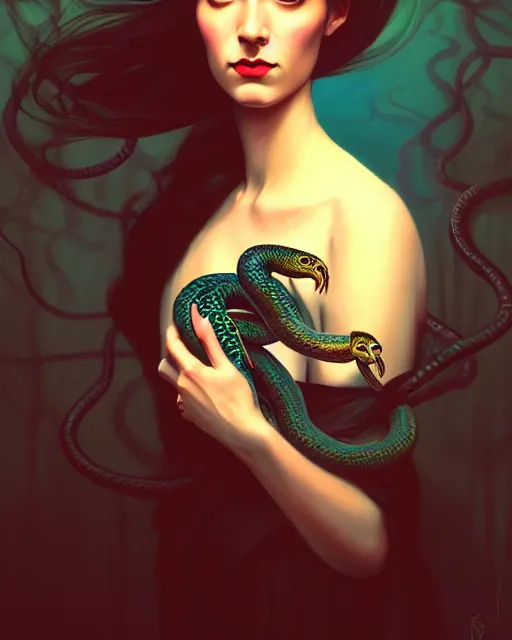 Image similar to surreal stylized portrait by aykutmakut of an artistic pose, composition, young victorian sad fancy lady, surrounded by snakes, cinematic moody colors, realistic shaded, fine details, realistic shaded lighting poster by ilya kuvshinov, magali villeneuve, artgerm, jeremy lipkin and michael garmash and rob rey