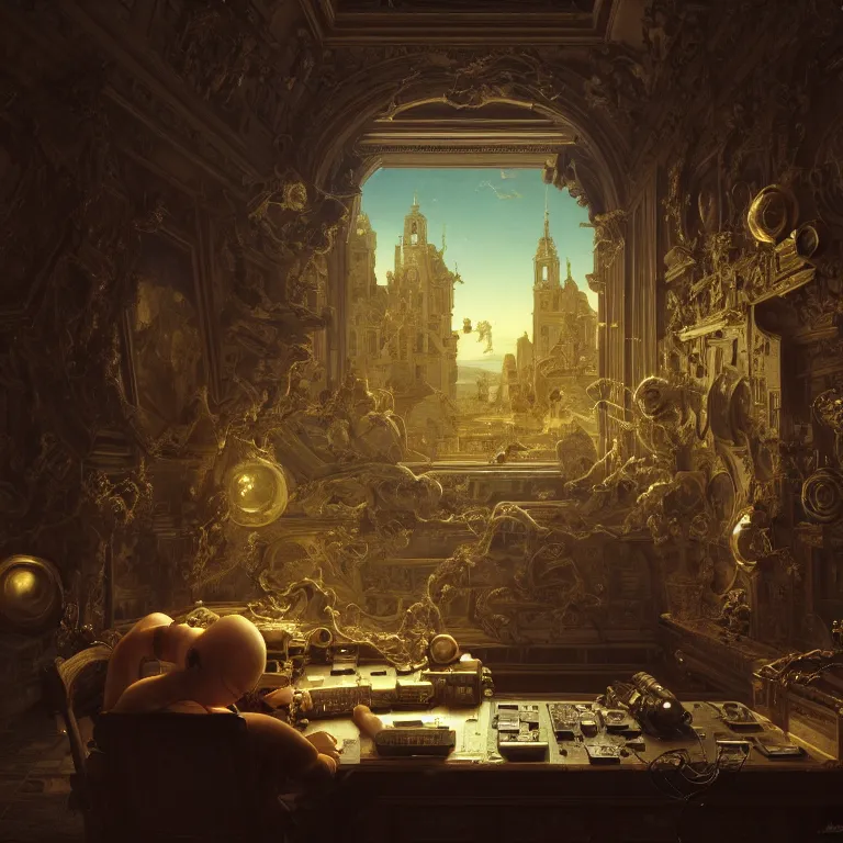 Image similar to motherboard, chip circuit, computer, dream - like atmosphere, baroque landscape painting, perfect composition, beautiful detailed intricate insanely detailed octane render trending on artstation, 8 k artistic photography, photorealistic, soft natural volumetric cinematic perfect light, chiaroscuro, award - winning photograph, masterpiece, raphael, caravaggio, greg rutkowski, beeple