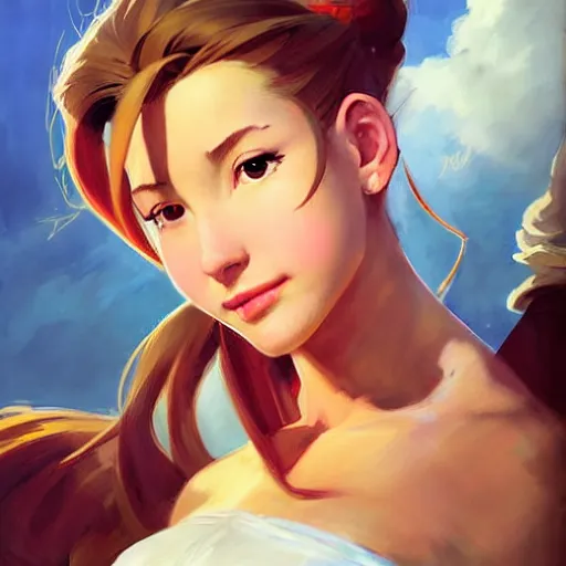 Image similar to Greg Manchess portrait painting of Aerith Gainsborough from FFVII as Overwatch character, medium shot, asymmetrical, profile picture, Organic Painting, sunny day, Matte Painting, bold shapes, hard edges, street art, trending on artstation, by Huang Guangjian and Gil Elvgren and Sachin Teng