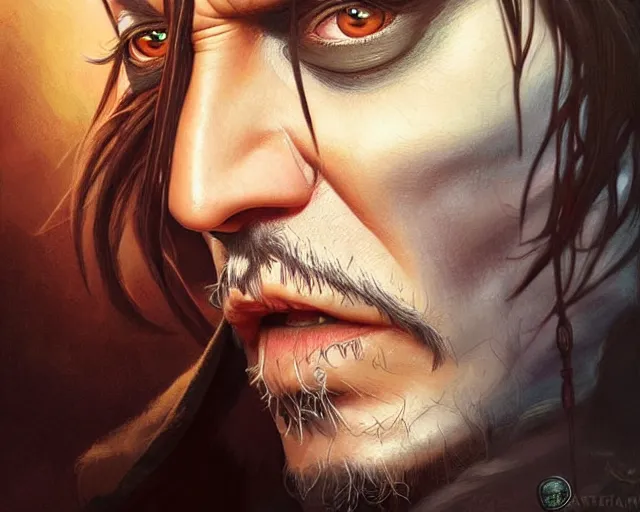 Image similar to digital art of johnny depp, deep focus, d & d, fantasy, intricate, elegant, highly detailed, digital painting, artstation, concept art, matte, sharp focus, illustration, hearthstone, art by artgerm and greg rutkowski and alphonse mucha