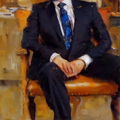 Image similar to portrait of a calico cat sitting on the lap of a man wearing a suit, rob rey, giuseppe dangelico pino, michael garmash, highly detailed, masterpiece