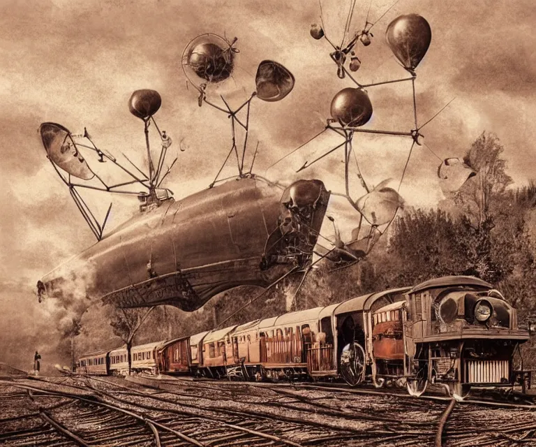 Prompt: steampunk countryside, 1 9 2 0 s, steam trains, blimps, rose gold