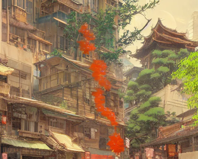 Image similar to street-level view of a great, colorful kitsune city, bamboo, flowers, anime, fox people, a fantasy digital painting by Greg Rutkowski and James Gurney, trending on Artstation, highly detailed