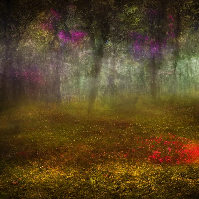 Image similar to a planet of various fungus like trees, mushrooms, flowers and plants, artistic photography, conceptual, long exposure outside the city, volumetric light