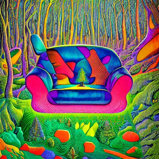 Image similar to psychedelic couch sofa in the pine forest and poplar forest, goose, milky way, designed by moebius, rob gonsalves, gustav dore, giuseppe arcimboldo and carl barks, louis wain, trending on artstation, canada, star, sharp focus, colorful refracted sparkles and lines, soft light, 8 k 4 k