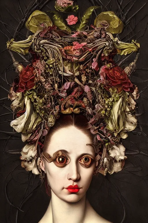 Prompt: Detailed maximalist portrait a with large lips and with large eyes, exasperated expression, botanical skeletal with extra flesh, HD mixed media, 3D collage, highly detailed and intricate, surreal illustration in the style of Caravaggio, dark art, baroque