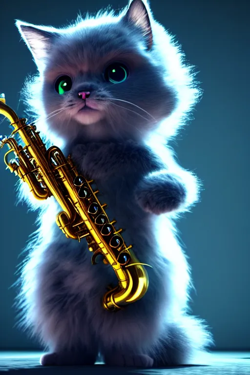 Image similar to high quality 3 d render very cute fluffy cyborg! cat plays saxophone, cyberpunk highly detailed, unreal engine cinematic smooth, in the style of blade runner & detective pikachu, hannah yata charlie immer, moody light, low angle, uhd 8 k, sharp focus