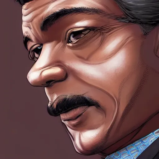 Prompt: portrait of a handsome, dark skinned, grizzled man smiling brightly, in his 5 0 s with salt and pepper hair and sharp cheekbones, dressed in expensive clothing, detailed face, smooth, sharp focus, graphic novel, art by artgerm and greg rutkowski and pepe larraz,