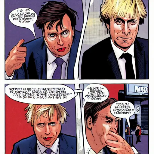 Prompt: marvel comic of The Tenth Doctor punching Boris Johnson, vibrant, solid background