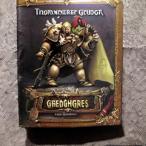 Image similar to Warhammer, Thorgrim Grudgebearer holding up his book of grudges