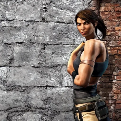 Prompt: a woman that looks similar to lara croft leaning against a brick wall. She is on the right side of the image, you can see the left side of her body. The scene is at night, lit by the moon. It feels like the scene is in some sort of super realistic virtual reality simulation. You can see the city behind her, everything feels like super advanced cgi graphics with ray tracing. Trending on artstation