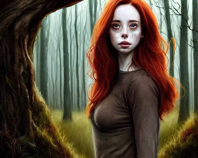 Image similar to surrounded by trees, realistic character concept, gorgeous Kacey Rohl, red hair, small freckles, symmetrical face, symmetrical eyes, full body, covered in blood, dark forest, trees, shorter neck, cinematic lighting, Joshua Middleton and artgerm, Wendigo creature with antlers and a deer skull face lurking in the background, fear anxiety terror