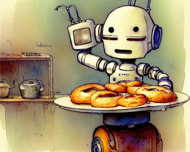 Prompt: a cute little robot in the kitchen baking bagels, holding a tray of bagels, watercolor painting by jean - baptiste monge, muted colors