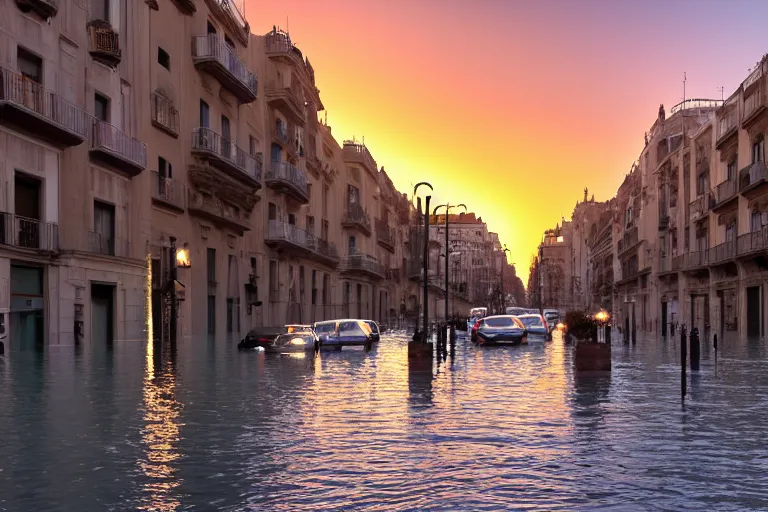 Image similar to views of catastrophic barcelona streets covered with high water, global warming, floating cars, sunset lighting, photo real