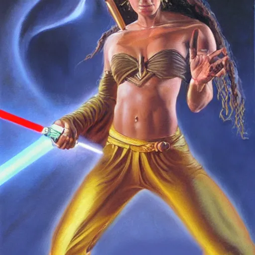 Prompt: Jenne lene Jackson as a jedi, oil painting, by jeff easley, boris vallejo