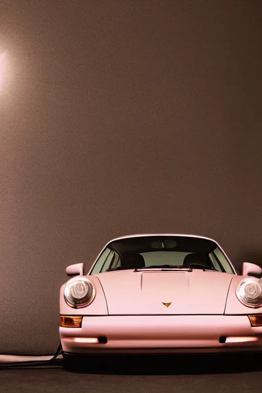 Image similar to Portrait of a light pink Porsche 911 Carrera 3.2 under a studio lamp in a dark room, photoshoot for vogue magazine.