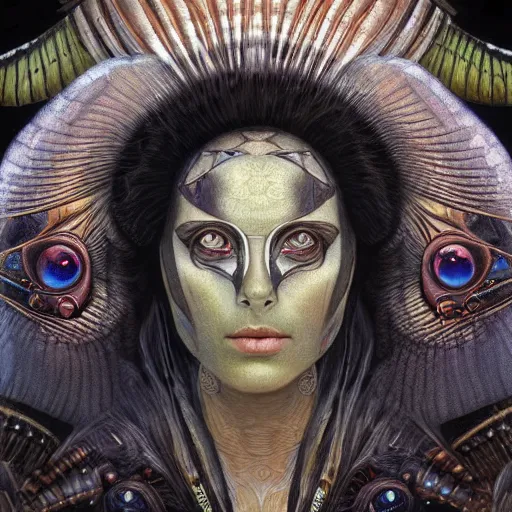 Prompt: beautiful closeup portrait of an art deco shaman, glowing eyes. reflective detailed textures, moth wings, highly detailed dark fantasy science fiction painting by tom bagshaw and michael whelan and diego rivera and annie swynnerton and jean delville, elaborate geometric ornament, ancient runes, silver and cool colors. artstation