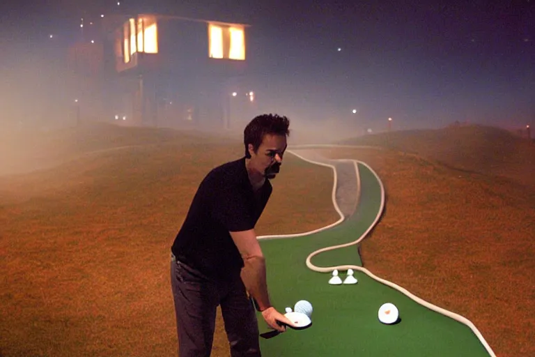 Prompt: tony stark playing mini golf in nevada, fog, mid night, 2000s photo