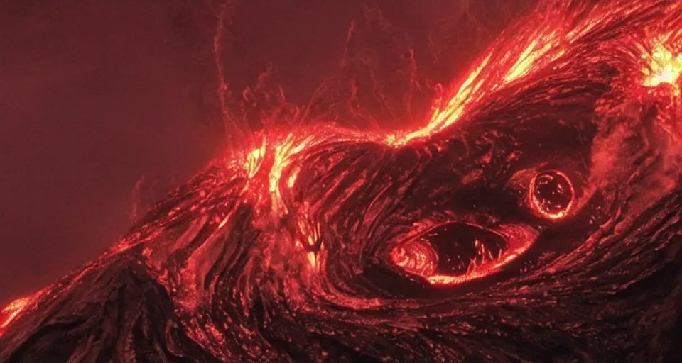 Prompt: a volcano made of ivory vines and crimson rocks enters in eruption, it spits a smoke in the shape of demonic eye, from FF7