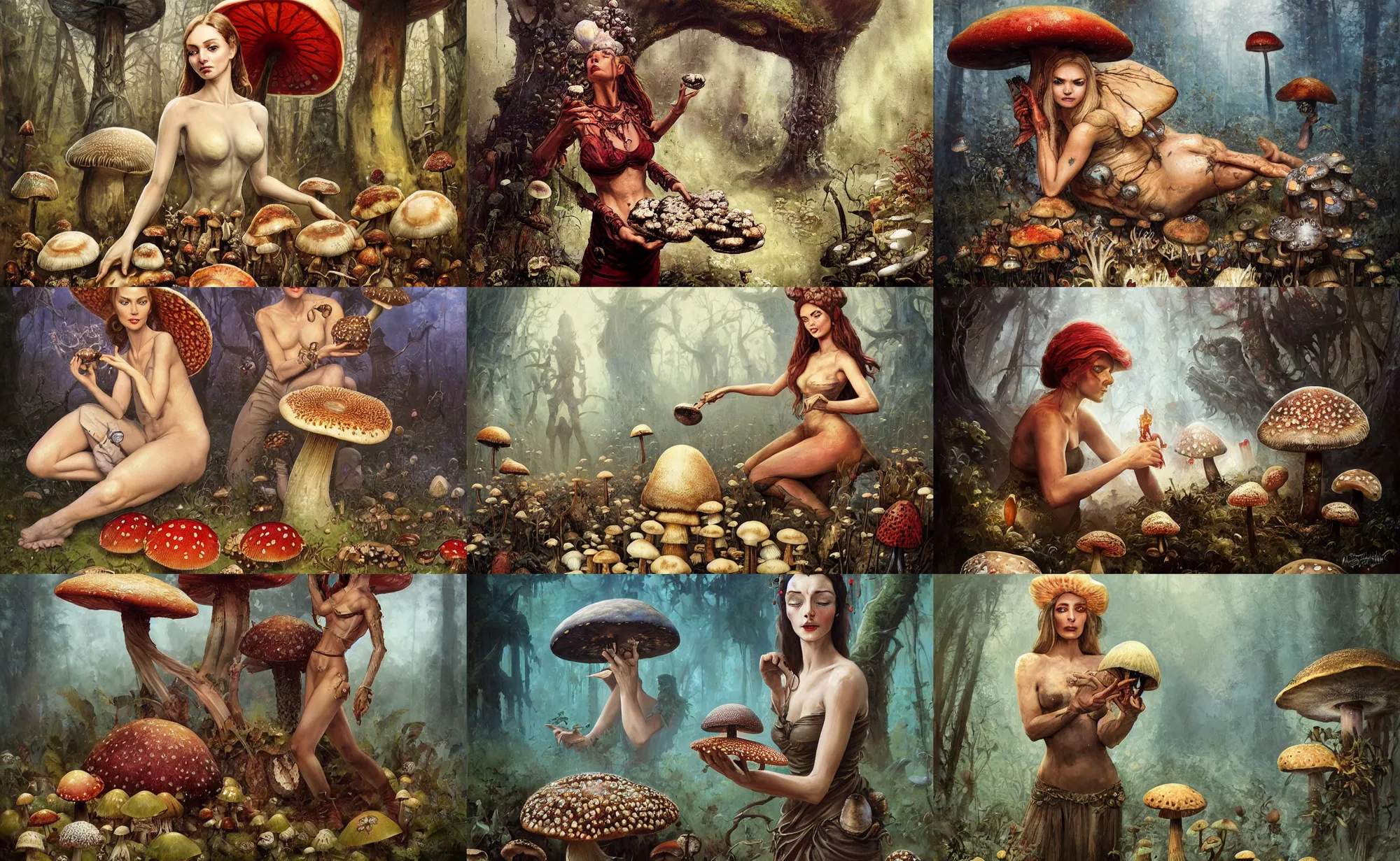 Prompt: A mixed media portrait painting of a beautiful mycologist woman tending her amanita muscaria mushrooms, detailed Aesthetic! face and eyes, slavic, by Frank Frazetta, Greg Rutkowski, Beeple, Boris Vallejo, Christian MacNevin, epic fantasy character art, high fantasy, CGsociety, full length, exquisite detail, post-processing, masterpiece, cinematic