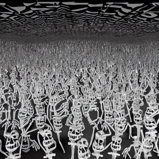 Prompt: photo, a giant crowd of silvery shiny reflective black latex claymation skeletons dancing inside an underground ussr night club