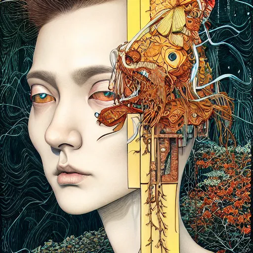 Prompt: beautiful portrait painted in jacek yerka and aykut aydogdu style drawn by sasha bom and takato yamamoto, inspired by cyberpunk, intricate acrylic gouache painting, high detail, sharp high detail, artstation, manga and anime