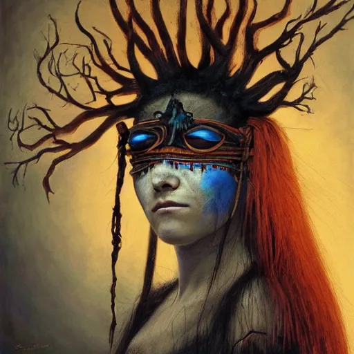 Image similar to A young blindfolded shaman woman with a decorated headband from which blood flows, in the style of heilung, blue hair and wood on her head. The background is a forest on fire, made by Esao Andrews and Karol Bak and Zdzislaw Beksinski,