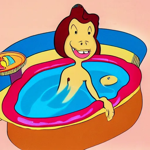 Image similar to a female anthropomorphic intestine in a bathtub, children's television show, 1974, technicolor