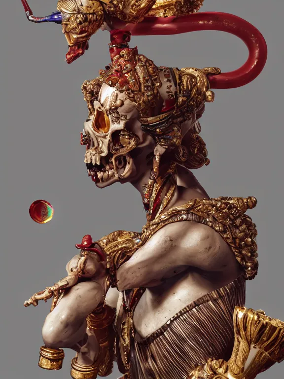 Prompt: a man with many many big birds baroque elements pipes bones in the form of a wax liquid Egyptian sculpture Bastet. bubbling red wax, super hero pose, skull, flowers, baroque. intricate art by caravaggio. Trending on artstation. octane render, cinematic, hyper realism, octane render, 8k, depth of field, bokeh. iridescent accents. vibrant. teal and gold and red colour scheme
