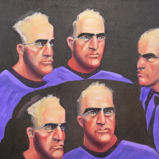 Image similar to painting of three John hamms , each in a different style