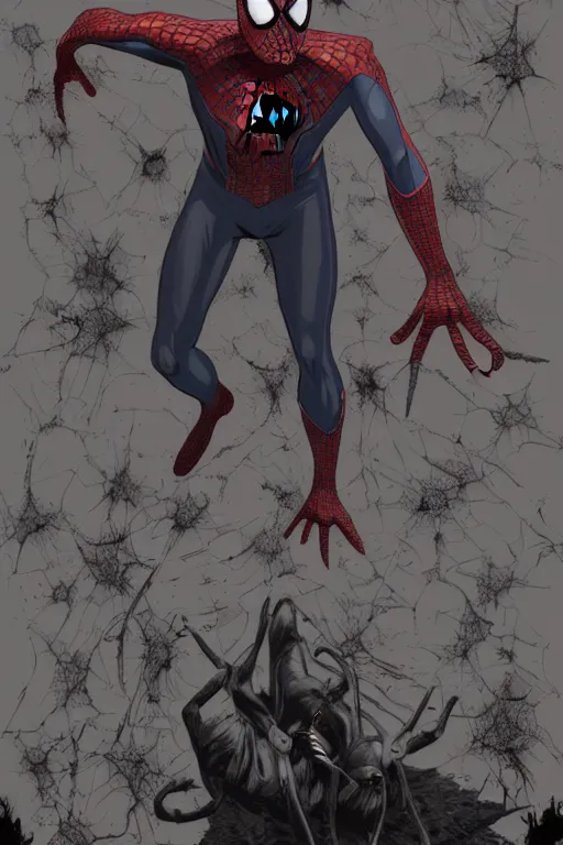 Image similar to spiderman in sleepy hollow, full body, big two toned eyes, teeth gritted, horror, intricate details, cinematic, epic, realistic, anatomy, tomer hanuka, uplight, artstation, photorealistic, scary