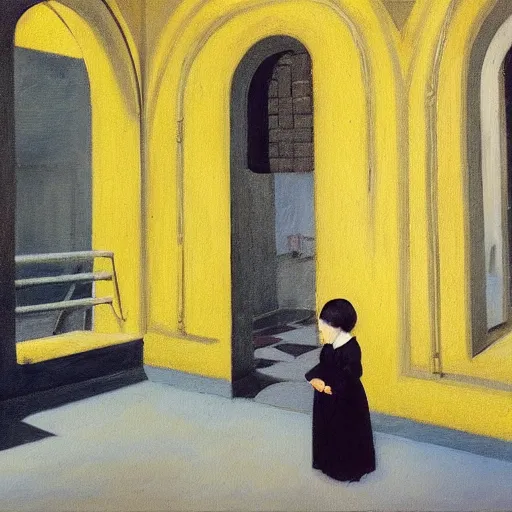 Image similar to a painting of a little girl with short black hair and wearing a yellow coat far away alone in the inner courtyard of an abbey by hopper and de chirico