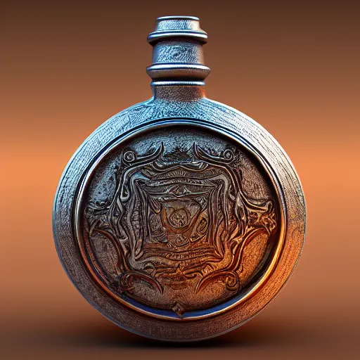 Image similar to transparent ancient magical potion flask engraved stallion, raytracing, caustics, orthographic 3d rendering