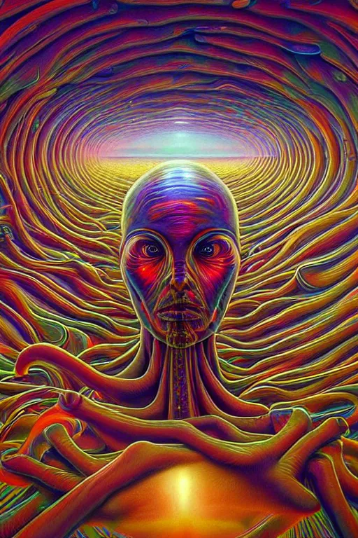 Image similar to hyperrealistic close-up baroque psychedelic!! organic alien!! peaceful kind spirit of nature in another dimension highly detailed concept art eric zener elson peter cinematic hard rainbow lighting high angle hd 8k sharp shallow depth of field, inspired by Zdzisław Beksiński