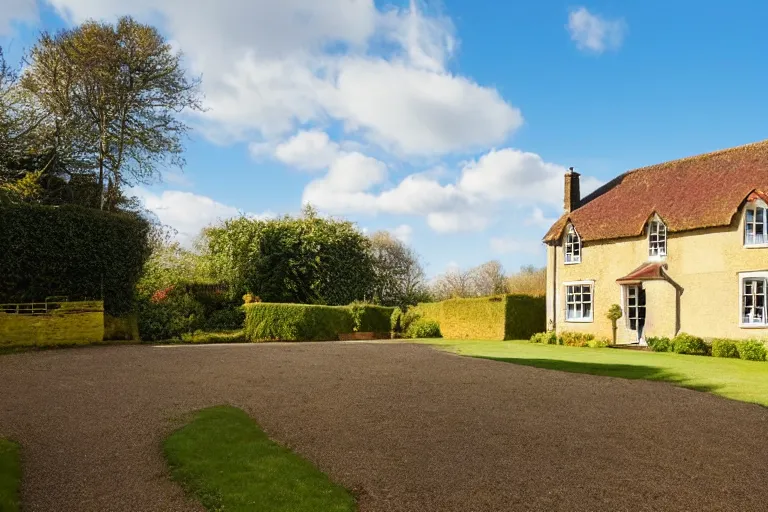 Image similar to an estate agent listing external photo of a 5 bedroom detached house made of gold in the countryside, sunny day, clear skies, by Paul Lehr