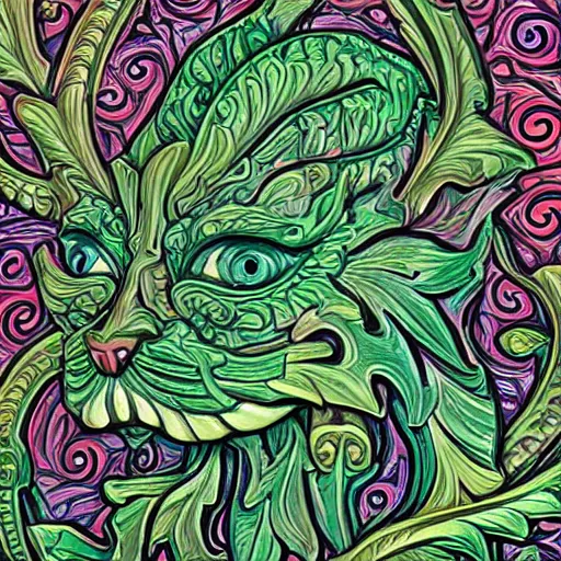 Image similar to beautiful colourful highly detailed incredibly ornate decorative cat face green man 3 d sculplture by walter crane and william morris and kilian eng, closeup, twisting leaves, tiny fine flowing lines, abstract psychedelic, 8 k, artstation