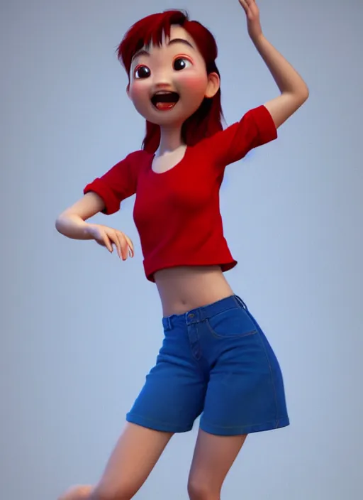 Prompt: a cute asian girl dancing, flowing red hair, blue shirt, in the style of pixar animation, full body shot, viewed from bellow, award winning, hyper detailed, studio lighting, artstation, octane renderer, unreal engine